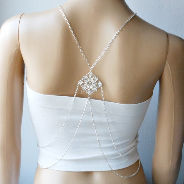 bb002a-silver back drop body chain harness jewelery