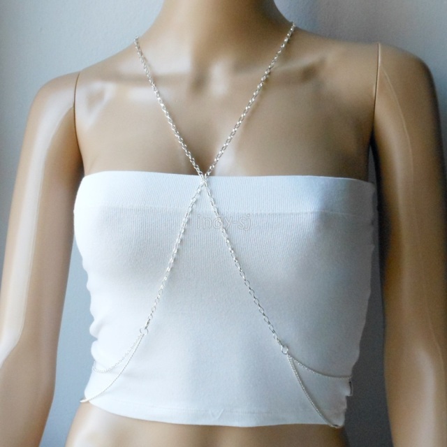 bb002b-silver back drop body chain harness jewelery